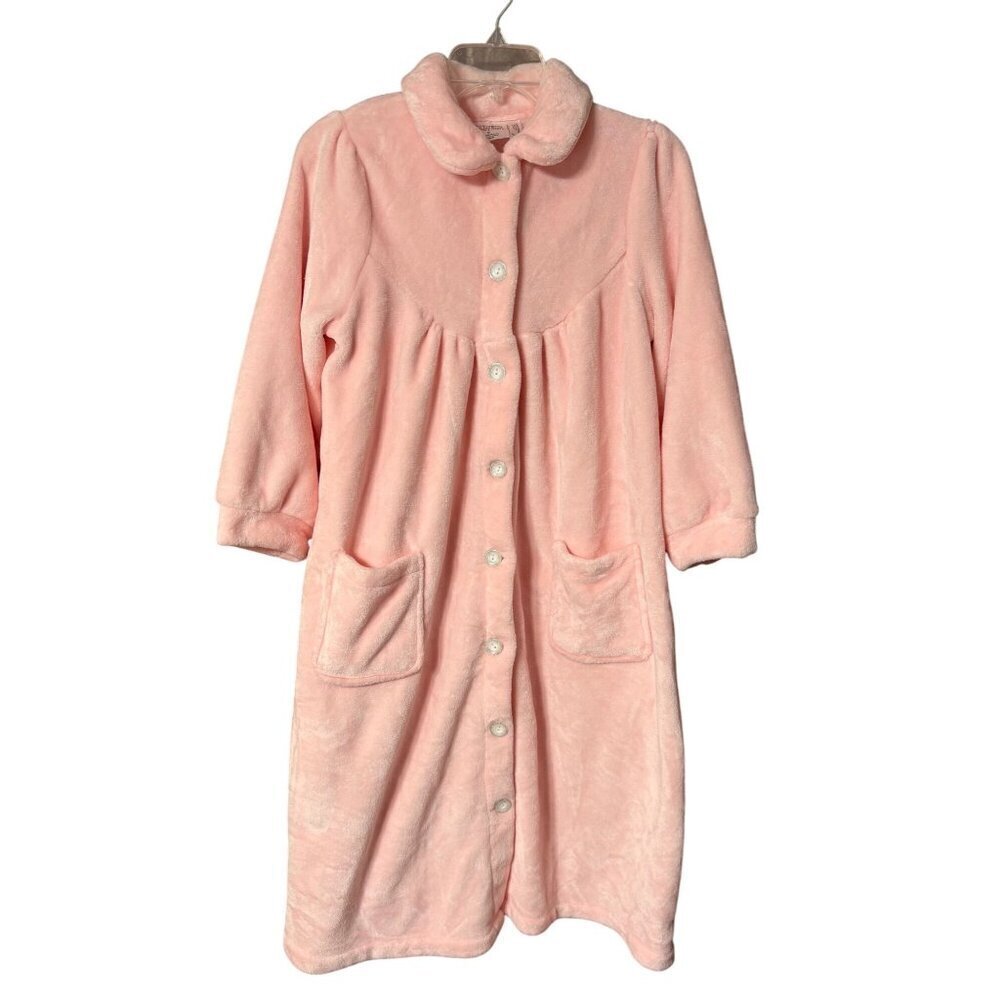 Vintage Vermont Country Store Pink Plush Button-Up Robe Pockets S Peter Pan